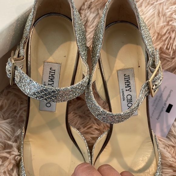 JIMMY CHOO | Articolo Champagne Gold Glitter Lace Peep Toe Pumps Size 39.5 | 9 - Picture 14 of 14